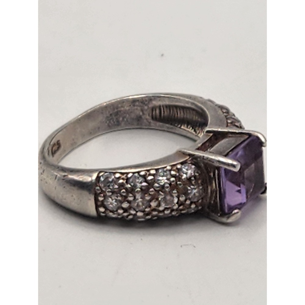 JC 925 Sterling Silver Princess Cut Amethyst Pave Cubic Zirconia Ring Size 6.5 - Picture 5 of 7
